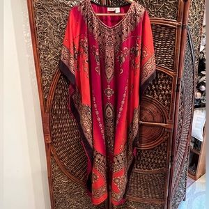 Sante Classics Kaftan MuuMuu Lounging Dress OS Red Gold Bohemian Long Tribal